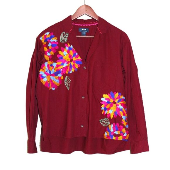 ANTHROPOLOGIE Maeve Embroidered Button-Up Cotton Shirt Wine, Size 6 - Picture 3 of 9